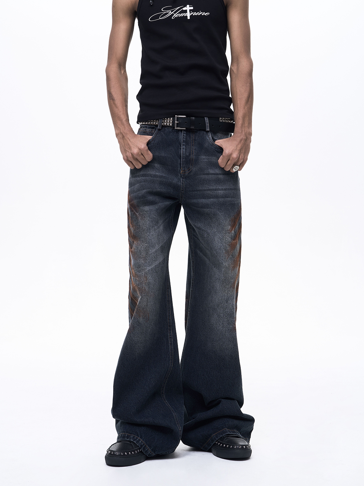 OXIDIZED WHISKER WIDE LEG DENIM-DARK BLUE