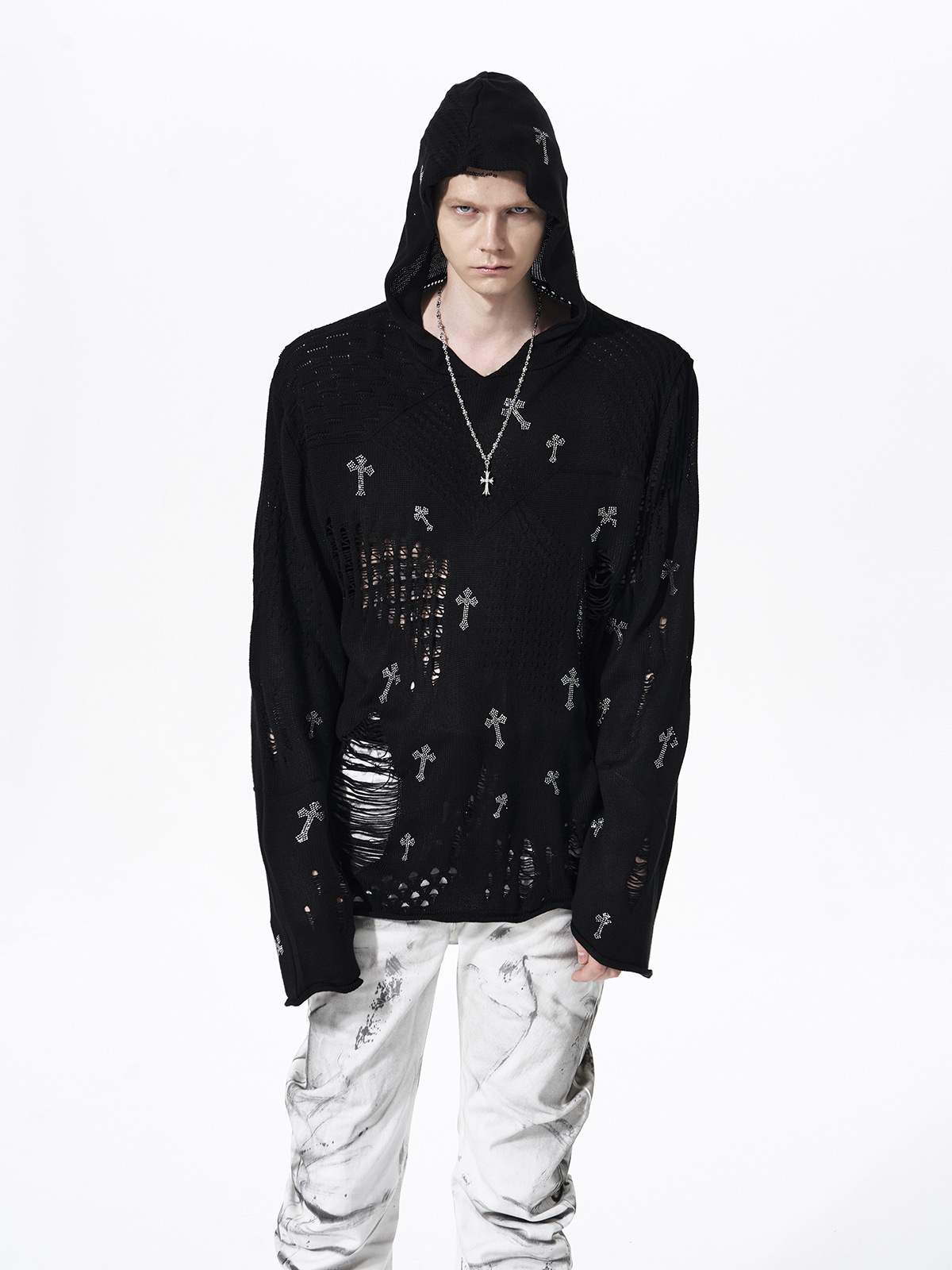 DISTRESSED CROSS RHINESTONE HOODED KNIT SWEATER-BLACK