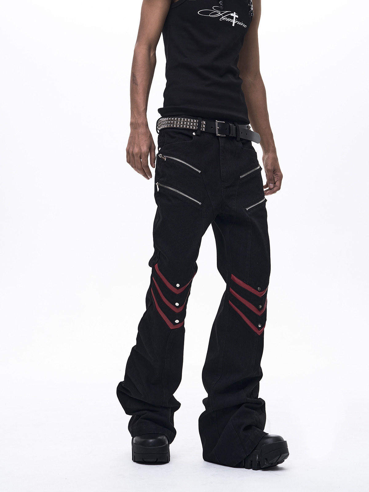 INDUSTRIAL ZIPPER LEATHER PATCHWORK FLARE JEANS-BLACK