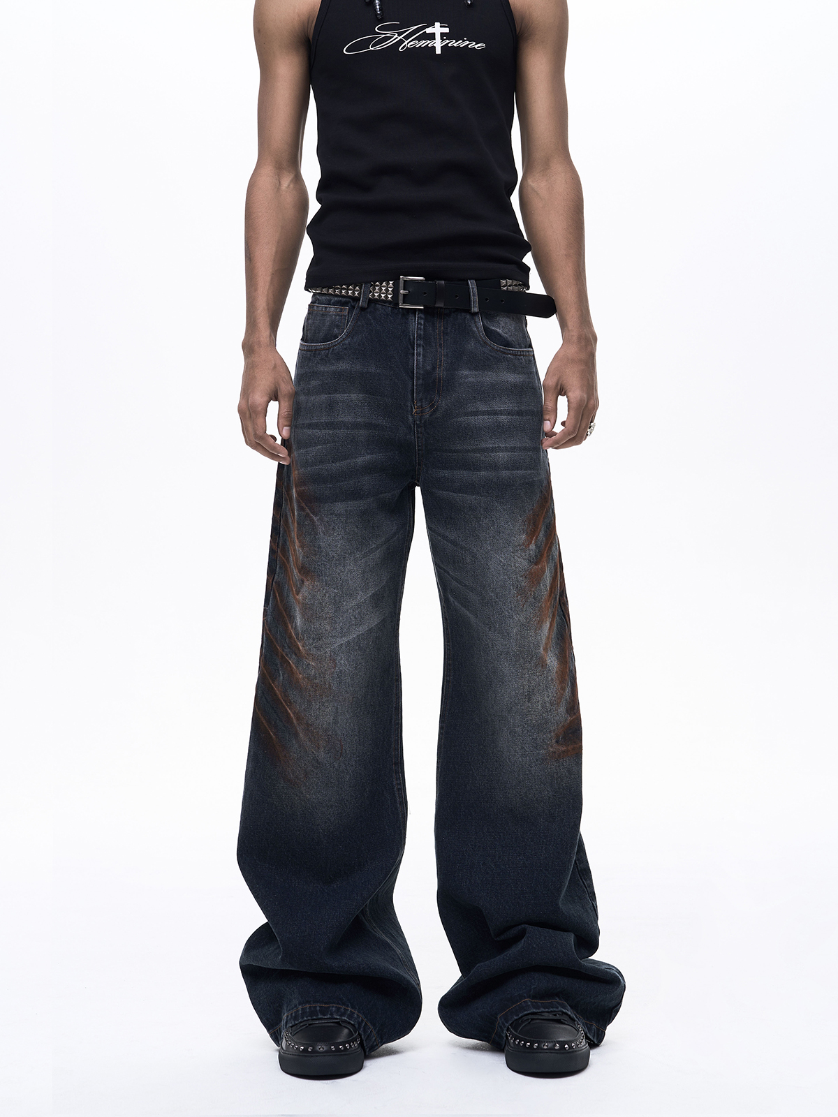 OXIDIZED WHISKER WIDE LEG DENIM-DARK BLUE