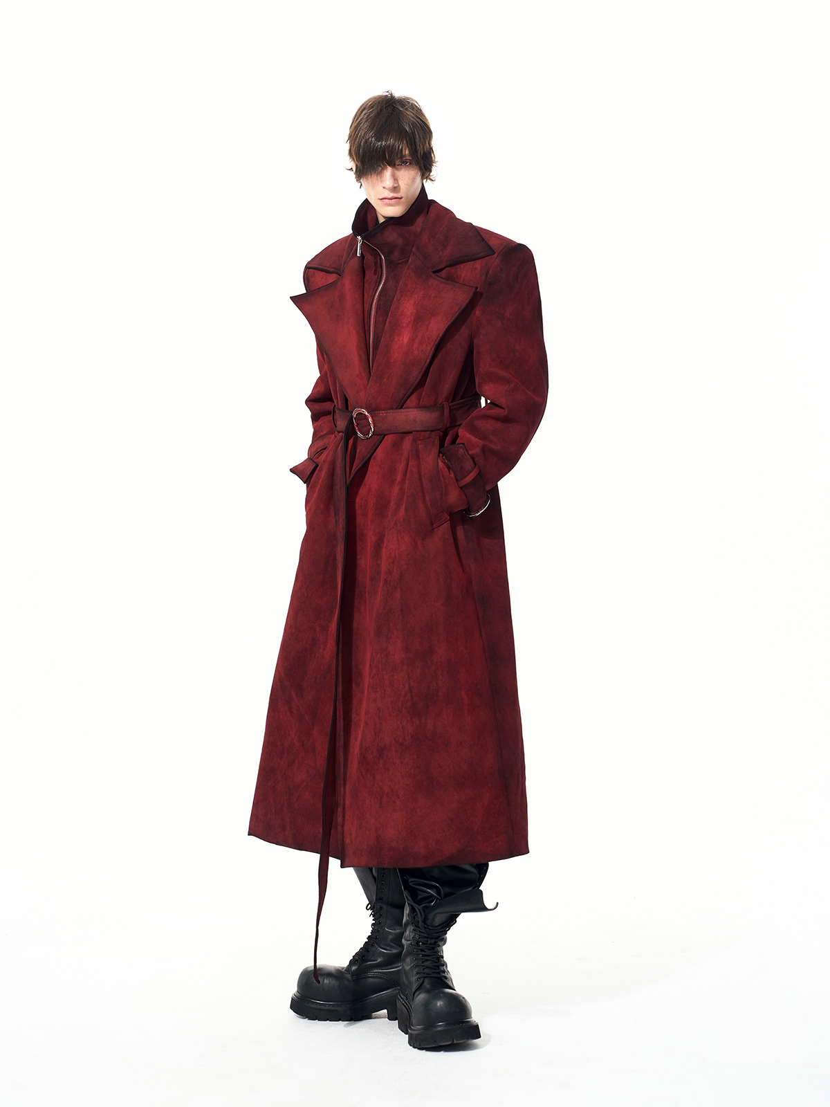 BLOOD RED DISTRESSED SUEDE BELTED TRENCH COAT-START EXCEED END