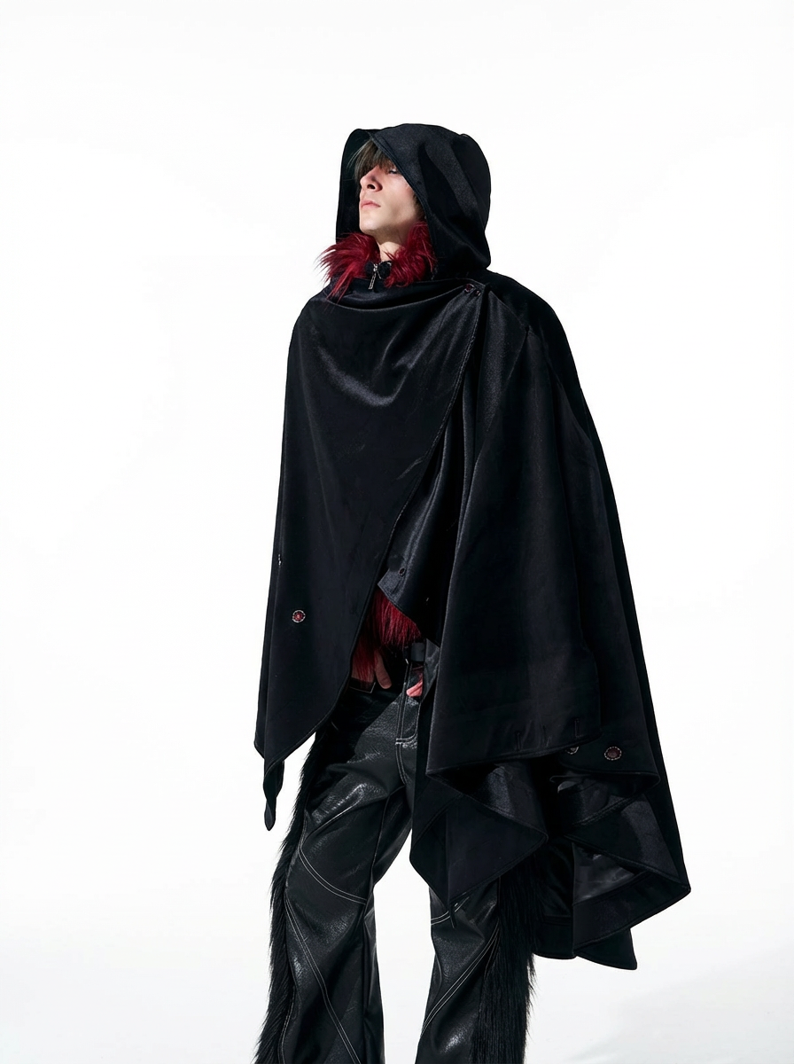 WARHORSE EMBROIDERED VELVET HOODED CLOAK-BLACK
