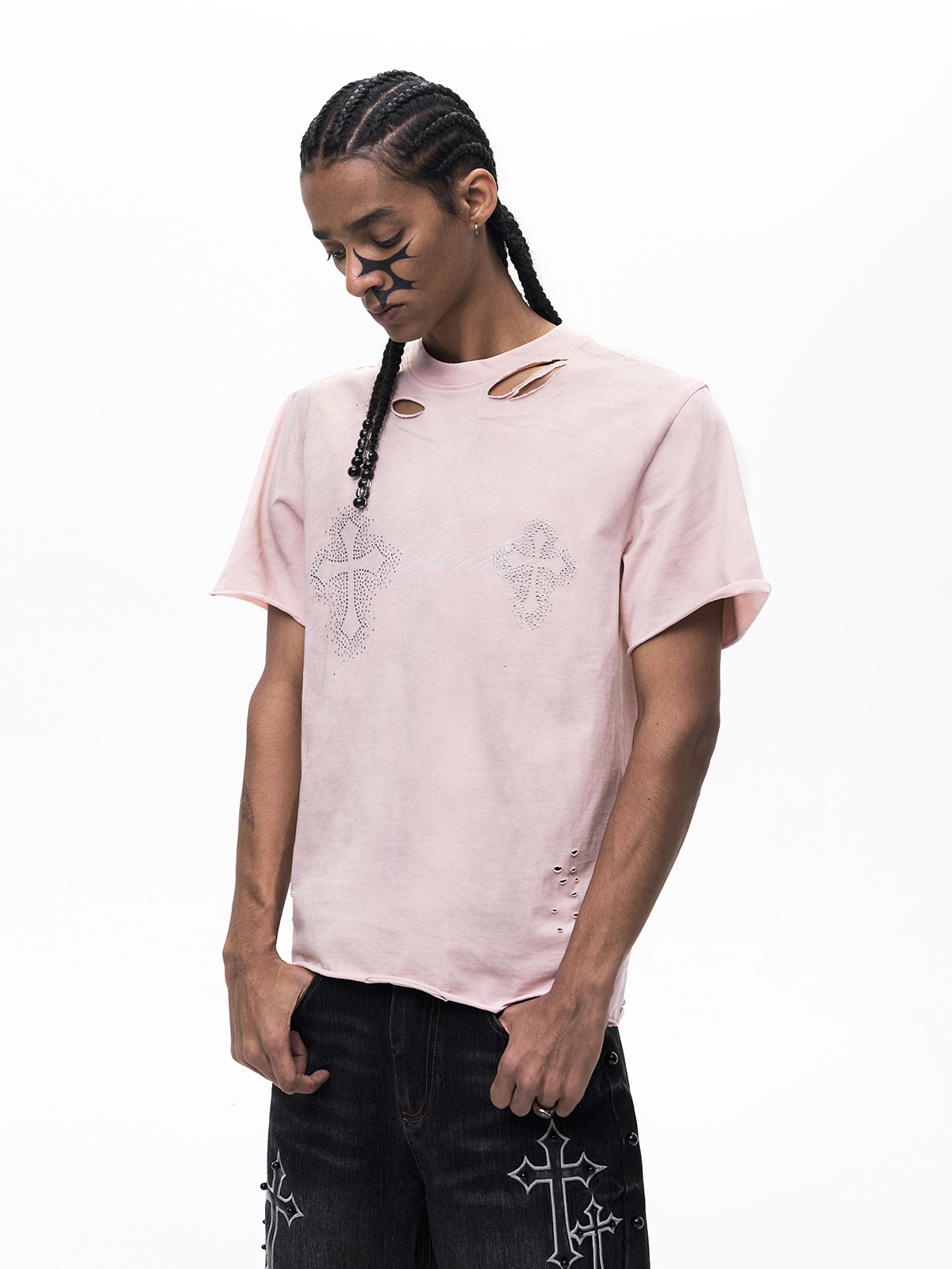 DECONSTRUCTED RHINESTONE CROSS MUD WASH TEE-PINK