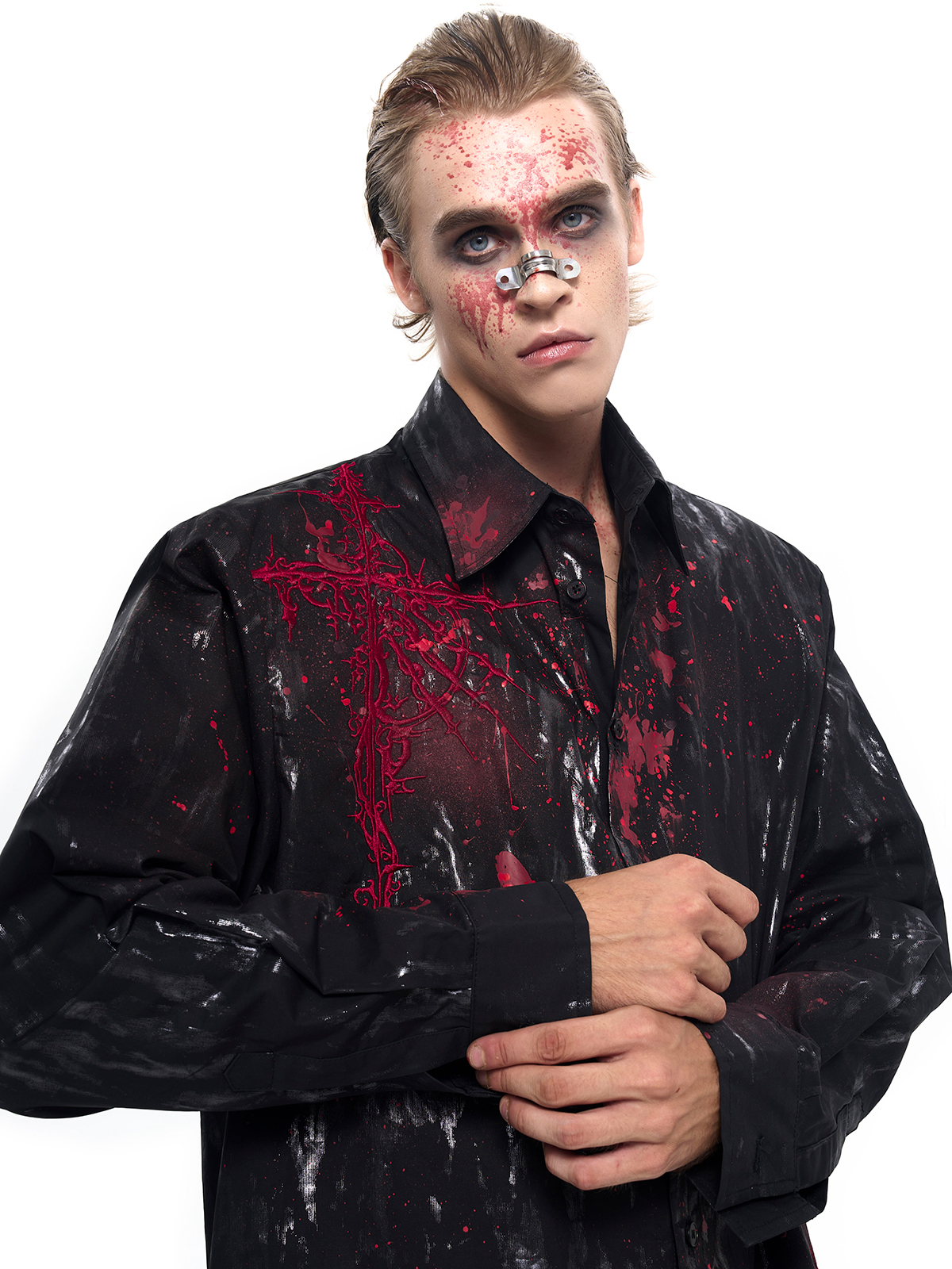 CRIMSON SPLATTER THORN CROSS SHIRT-START EXCEED END