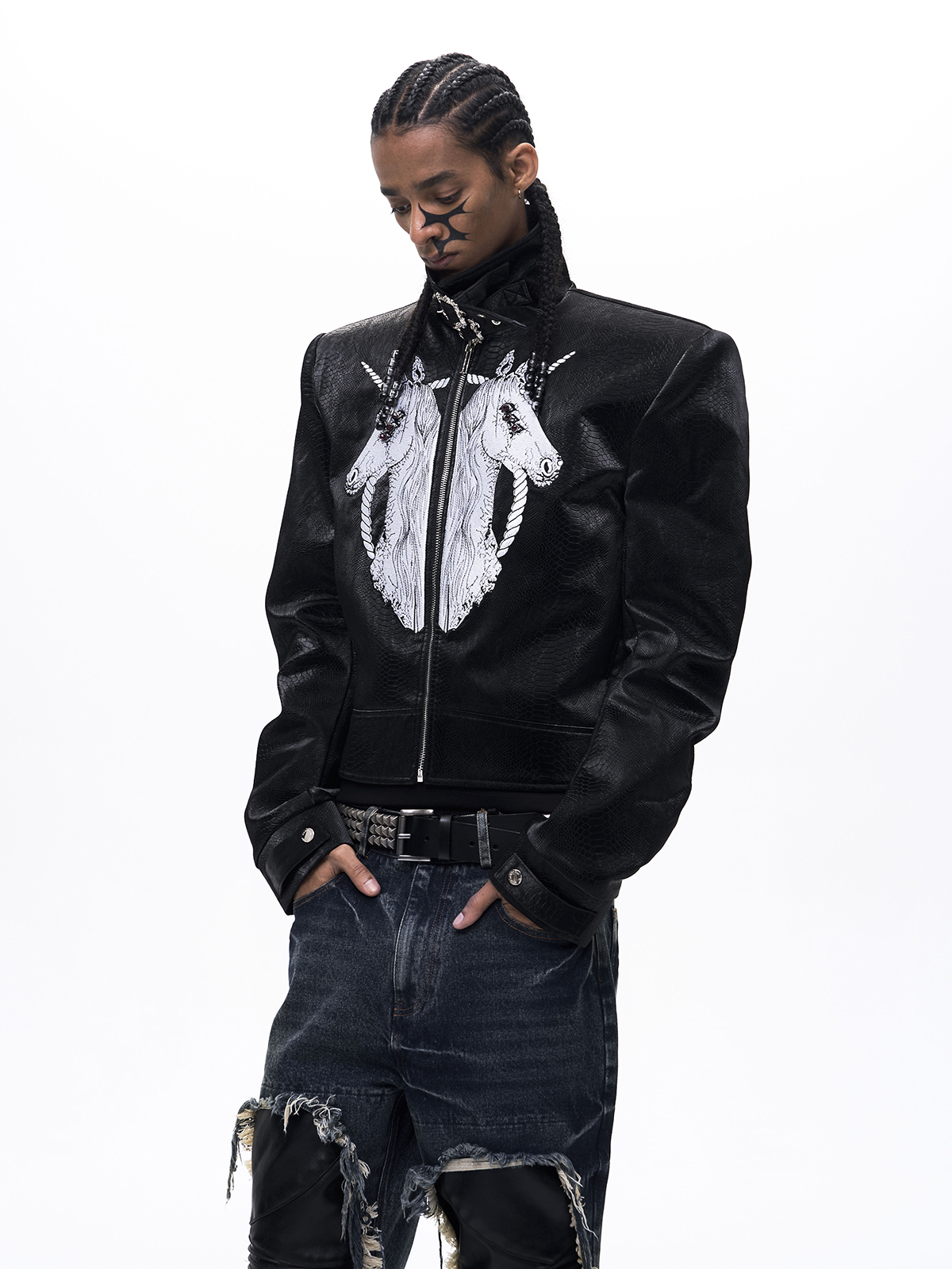 EMBROIDERED UNICORN STAND COLLAR LEATHER JACKET