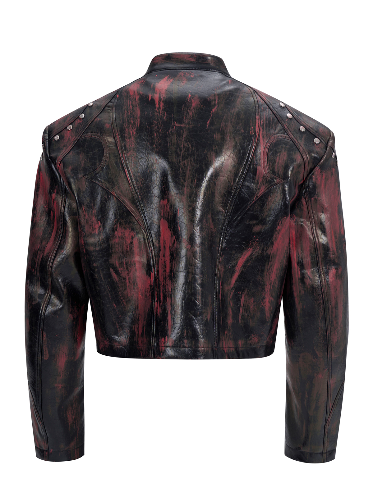 CROPPED STUDDED MOTO JACKET-BRUSHED BLACK/RED