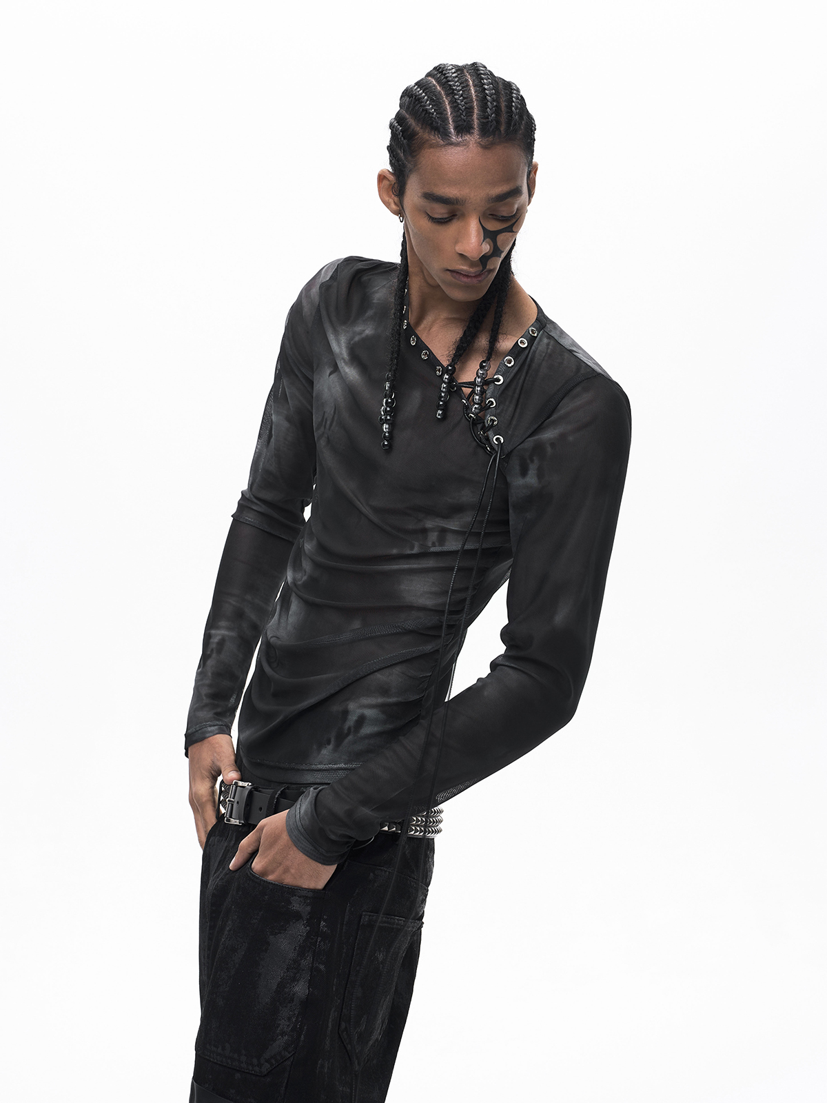 ASYMMETRICAL LACE-UP SHEER MESH TOP-BLACK