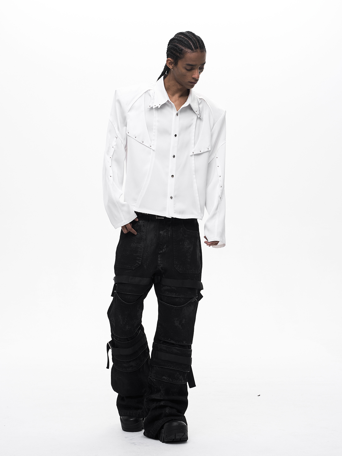 TRIPLE COLLAR DECONSTRUCTED LONG SLEEVE SHIRT-WHITE