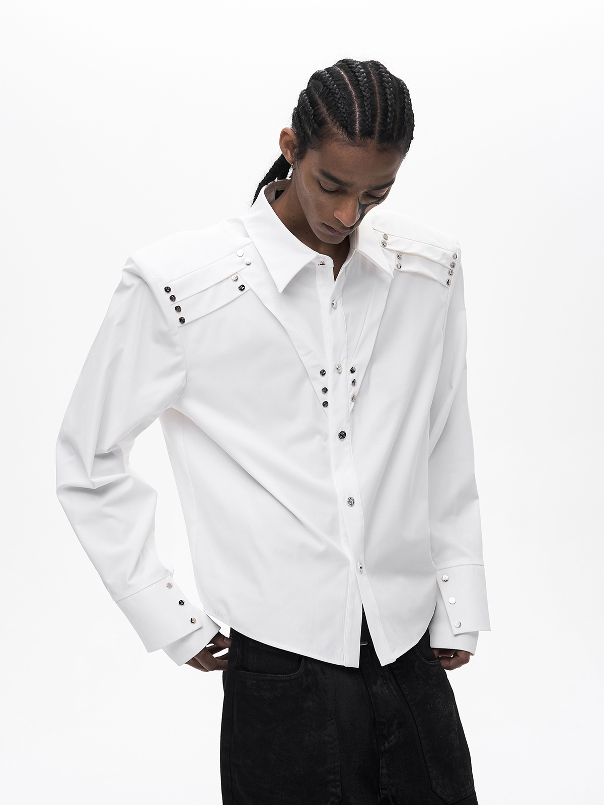 RIVET DOUBLE CUFF SHIRT-WHITE