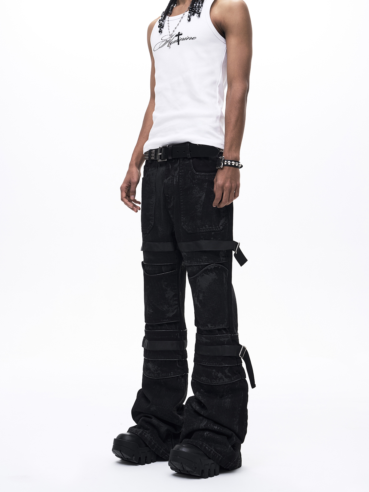 WAXED BONDAGE SLIGHT FLARE DENIM-BLACK