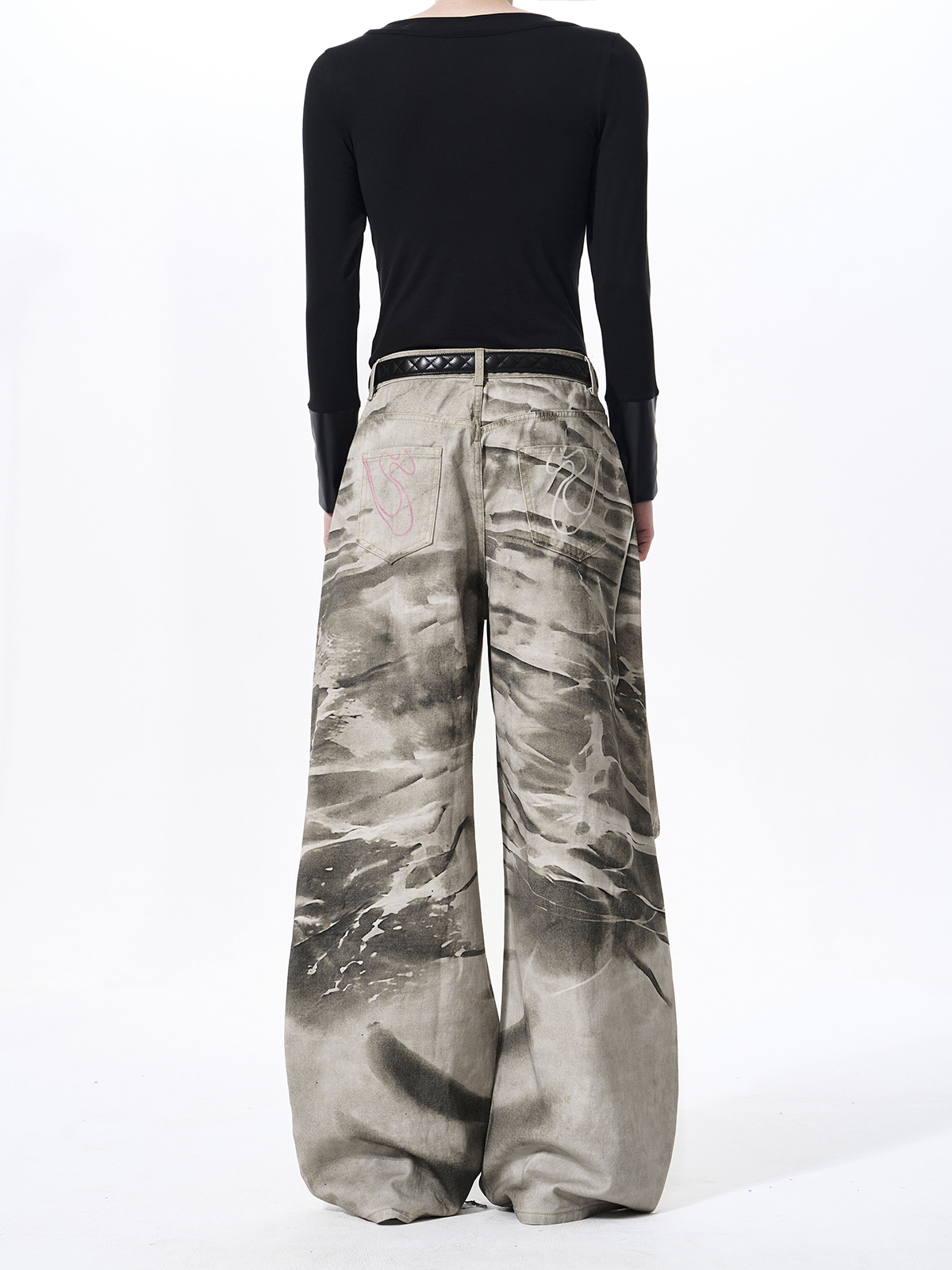 TIE-DYE DISTRESSED WIDE LEG PUDDLE DENIM