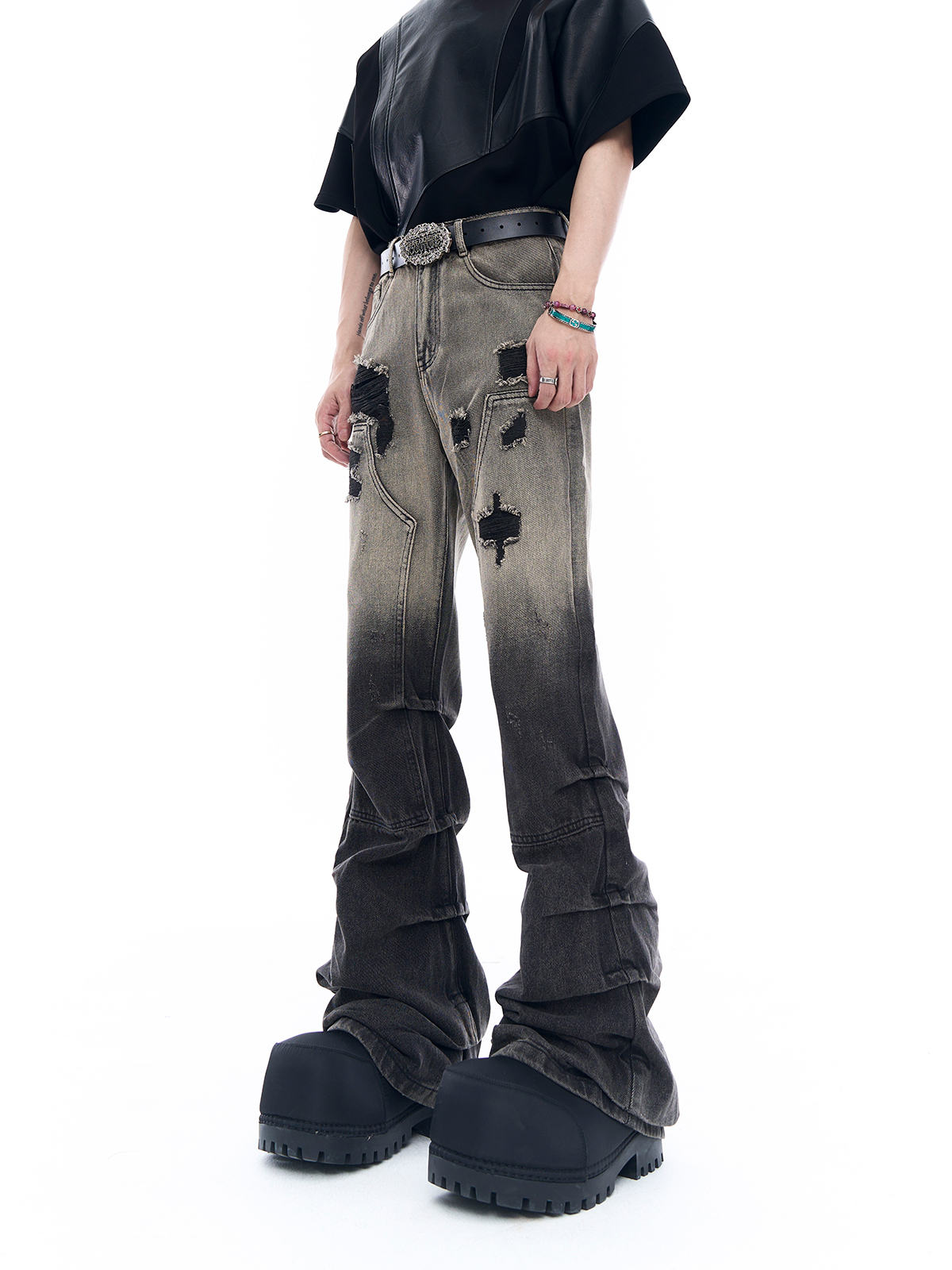 GRADIENT DIRTY WASH DISTRESSED STACKED FLARE JEANS-START EXCEED END