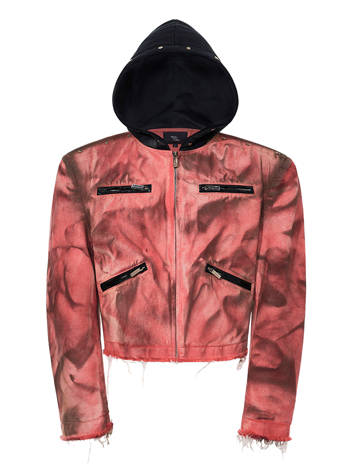 DISTRESSED HOODED CROPPED DENIM JACKET