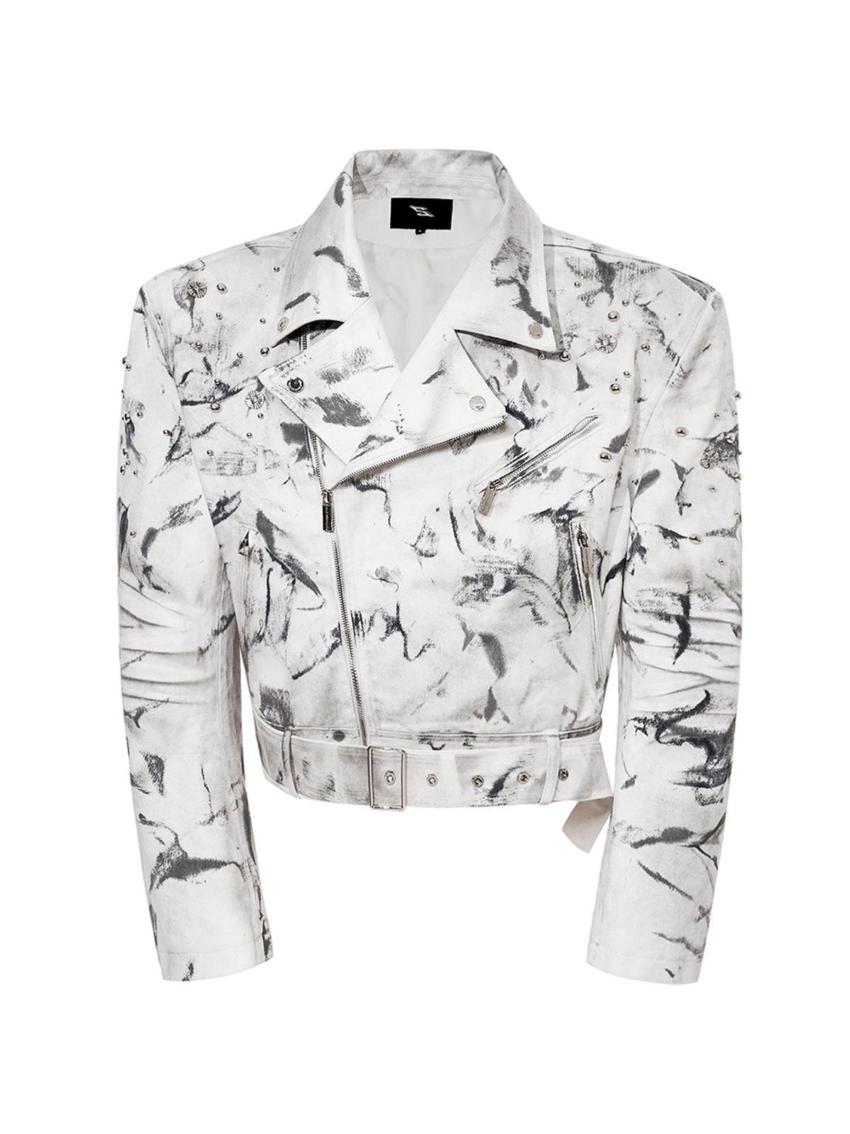 DIRTY WASH STUDDED CROPPED BIKER DENIM JACKET