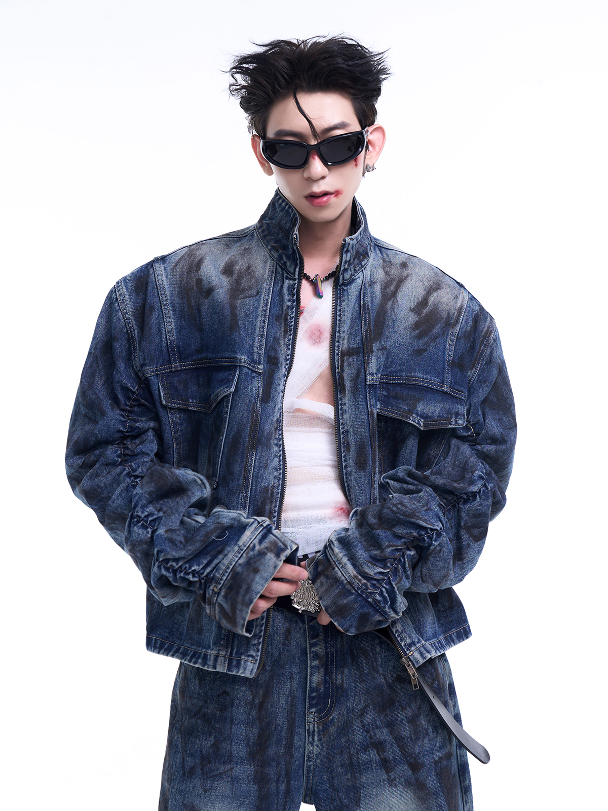 MUD WASH RUCHED DENIM JACKET & FLARED JEANS SET-START EXCEED END