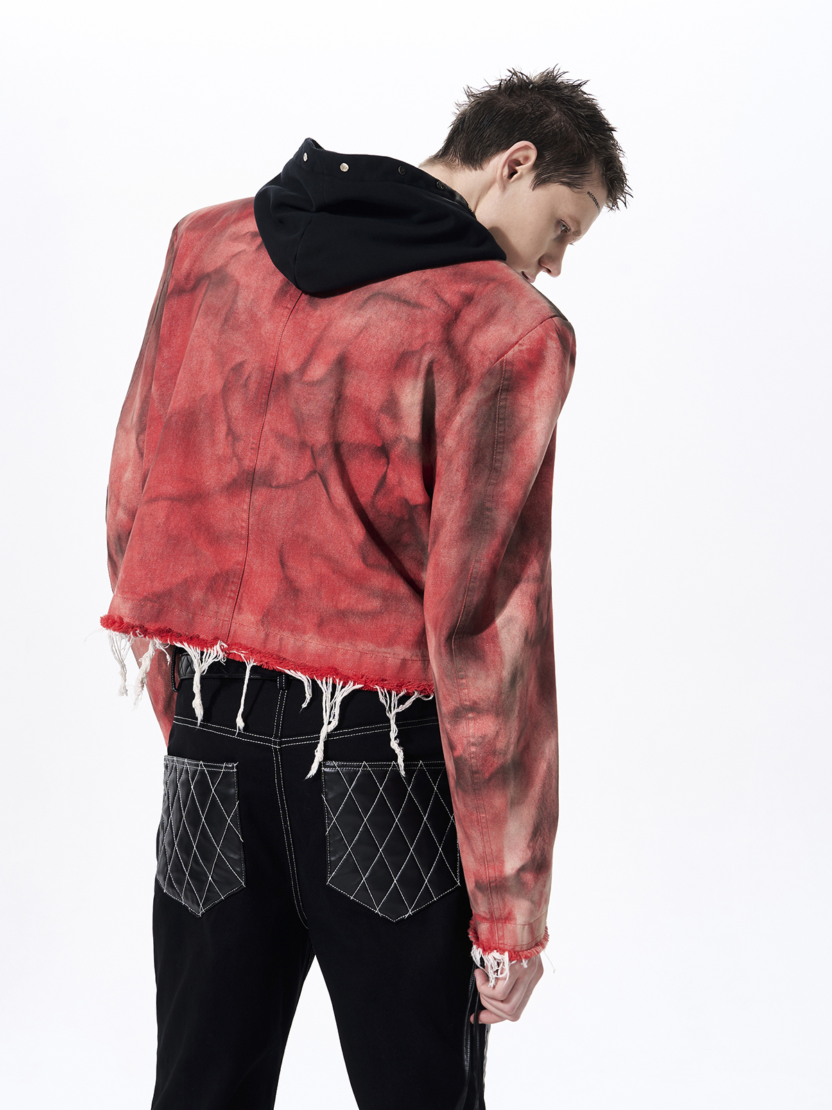 DISTRESSED HOODED CROPPED DENIM JACKET