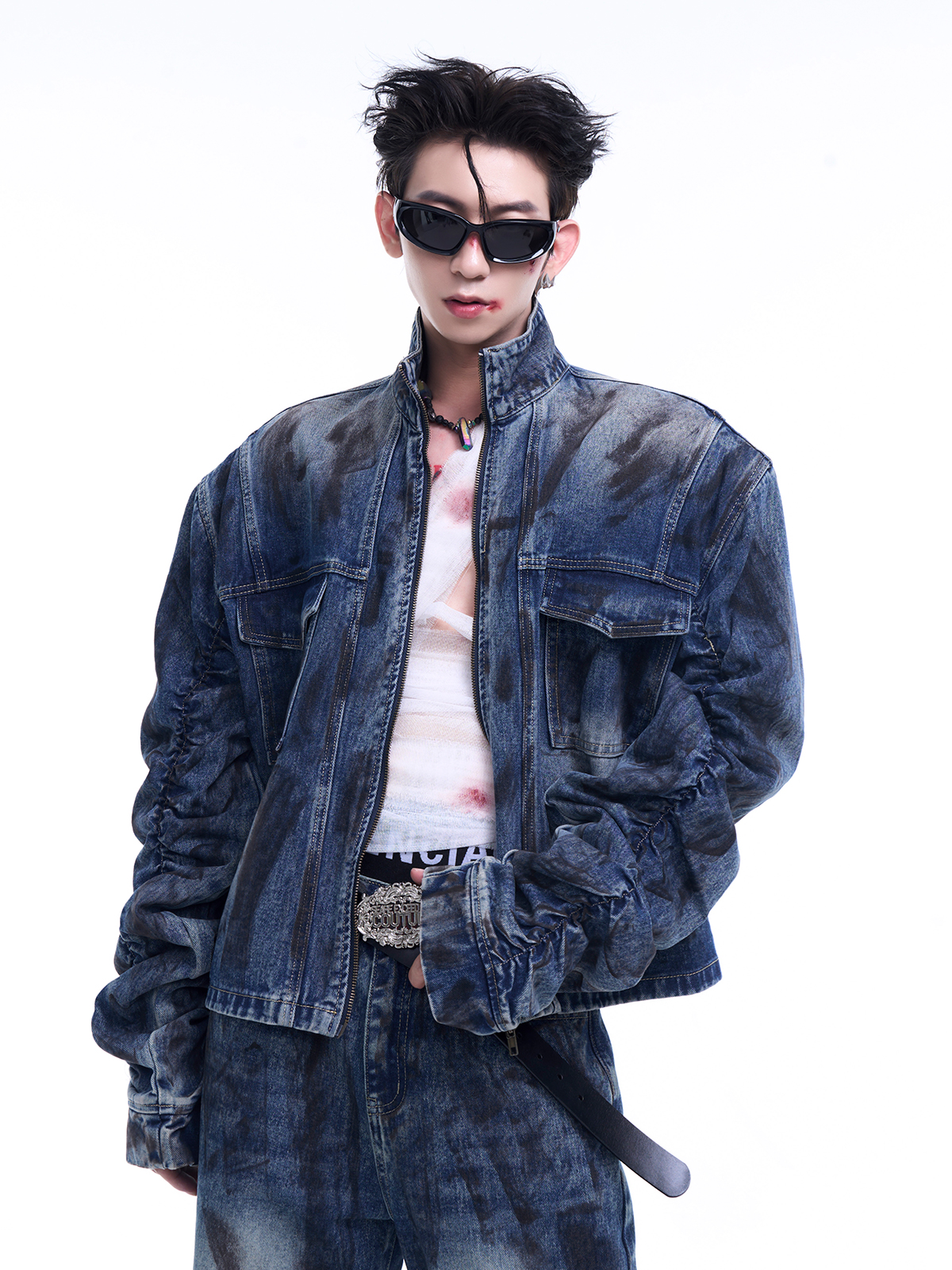 MUD WASH RUCHED DENIM JACKET & FLARED JEANS SET-START EXCEED END