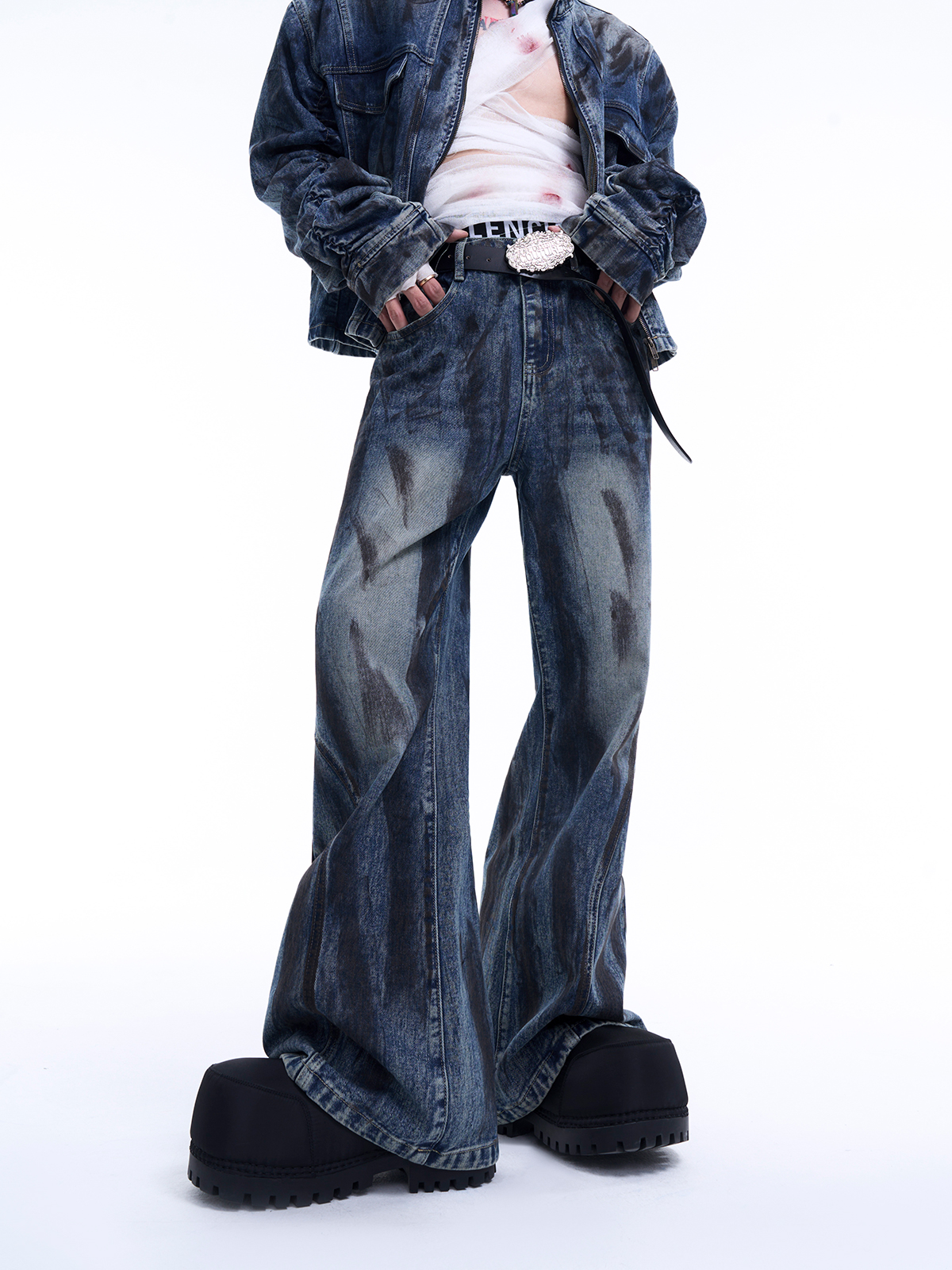 MUD WASH RUCHED DENIM JACKET & FLARED JEANS SET-START EXCEED END