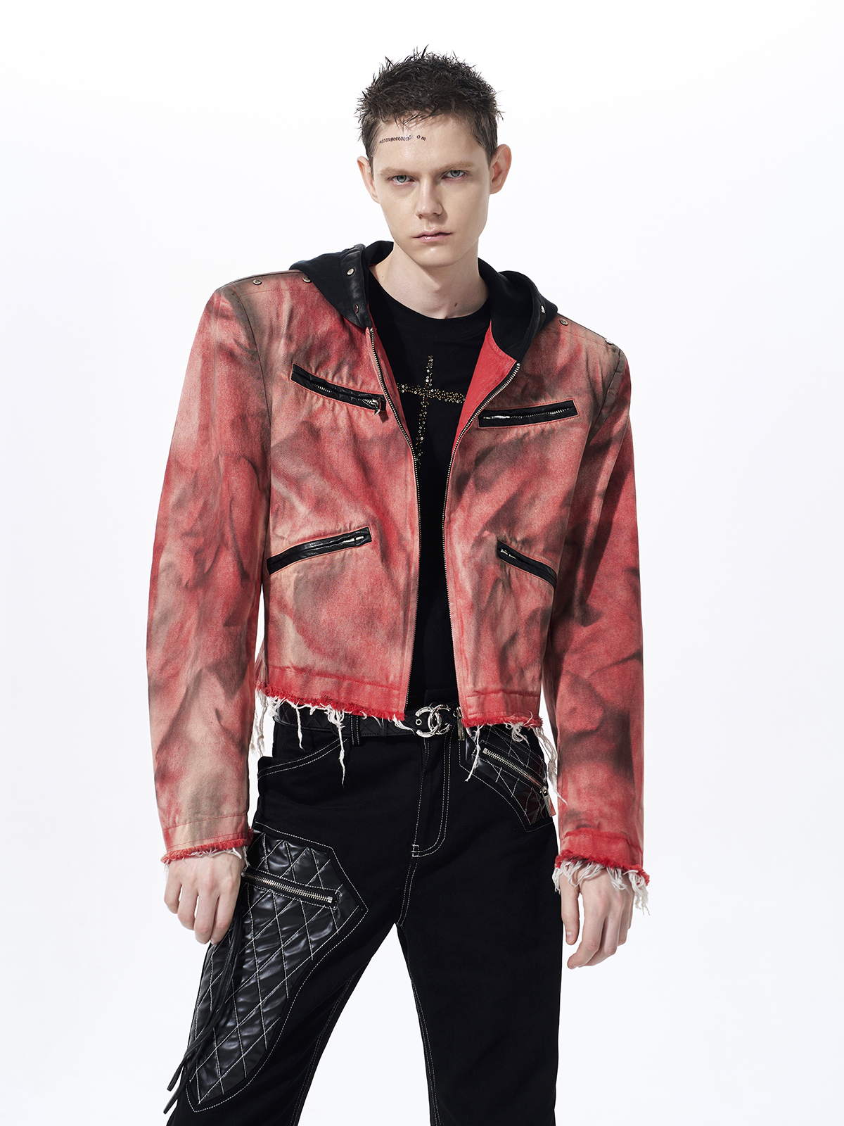 DISTRESSED HOODED CROPPED DENIM JACKET