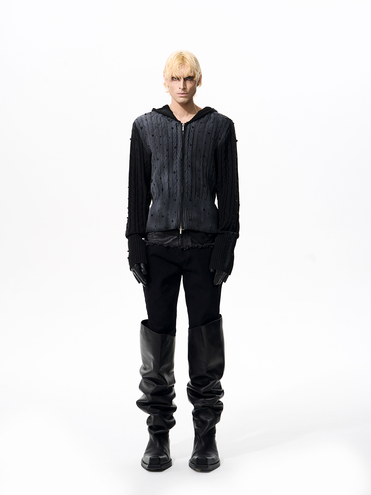 WASHED BEADED CABLE KNIT HOODIE-START EXCEED END