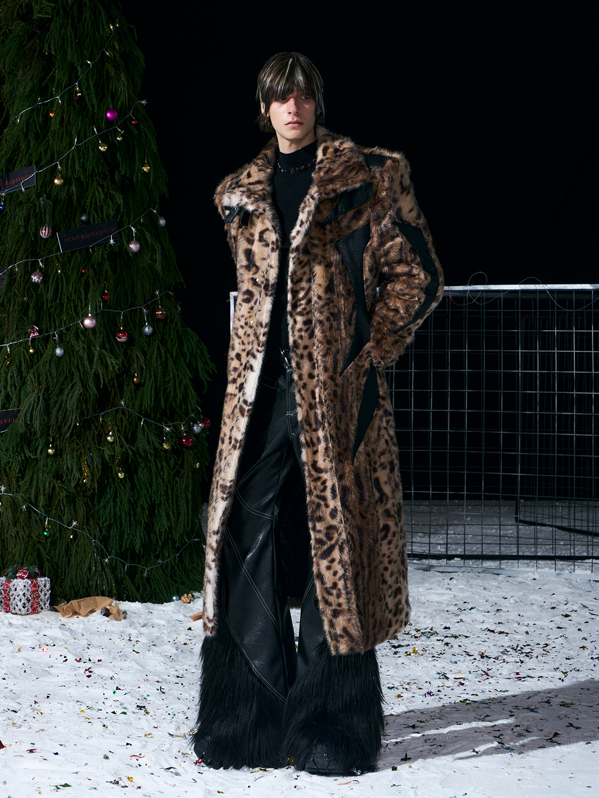 LEOPARD FAUX FUR LEATHER-PANEL MAXI COAT