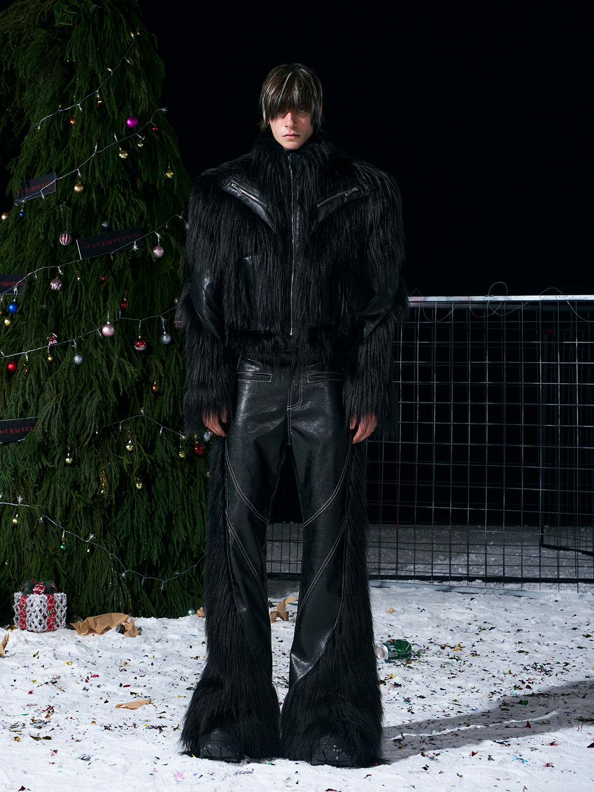 SHAGGY FAUX FUR LEATHER-PANEL CROPPED JACKET-BLACK