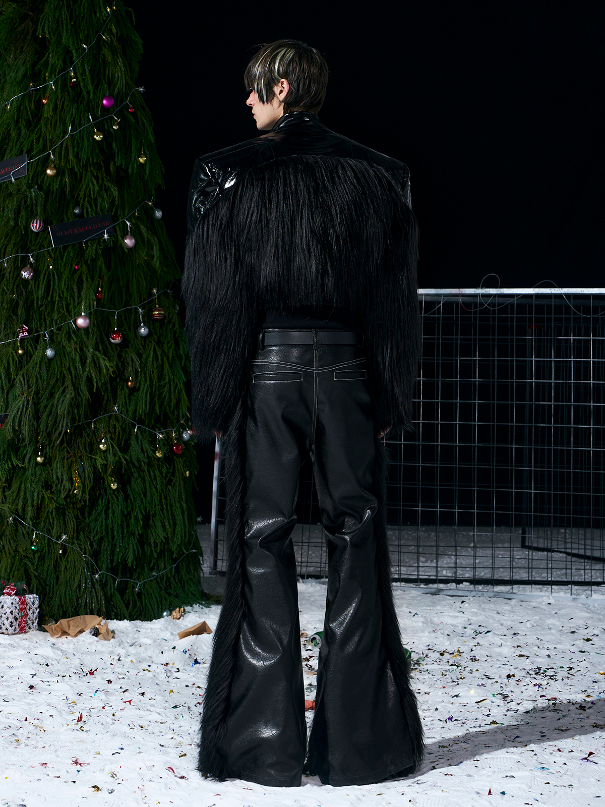 SHAGGY FAUX FUR PANEL CROPPED LEATHER JACKET-BLACK