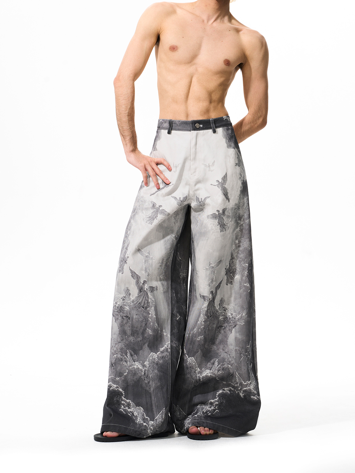 RENAISSANCE ANGEL PRINT LOW WAIST WIDE LEG JEANS