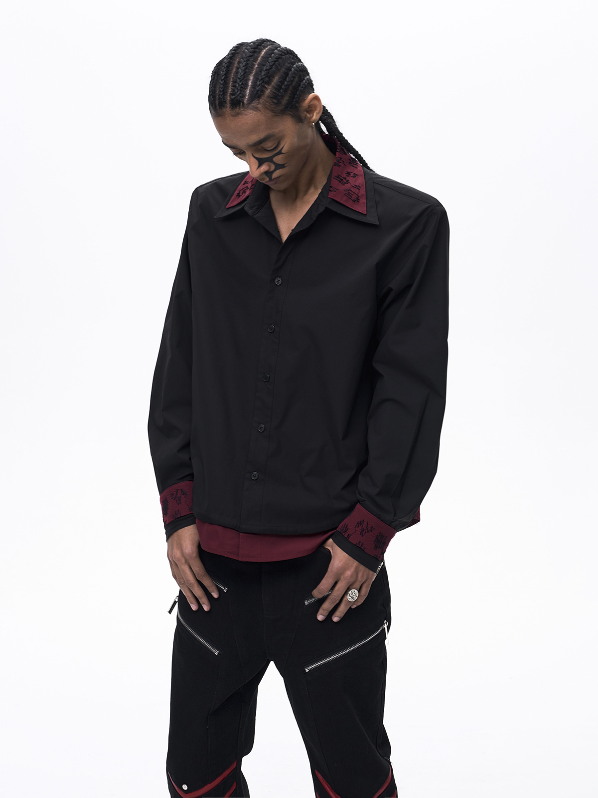 FAKE TWO-PIECE DOUBLE COLLAR SHIRT-BLACK