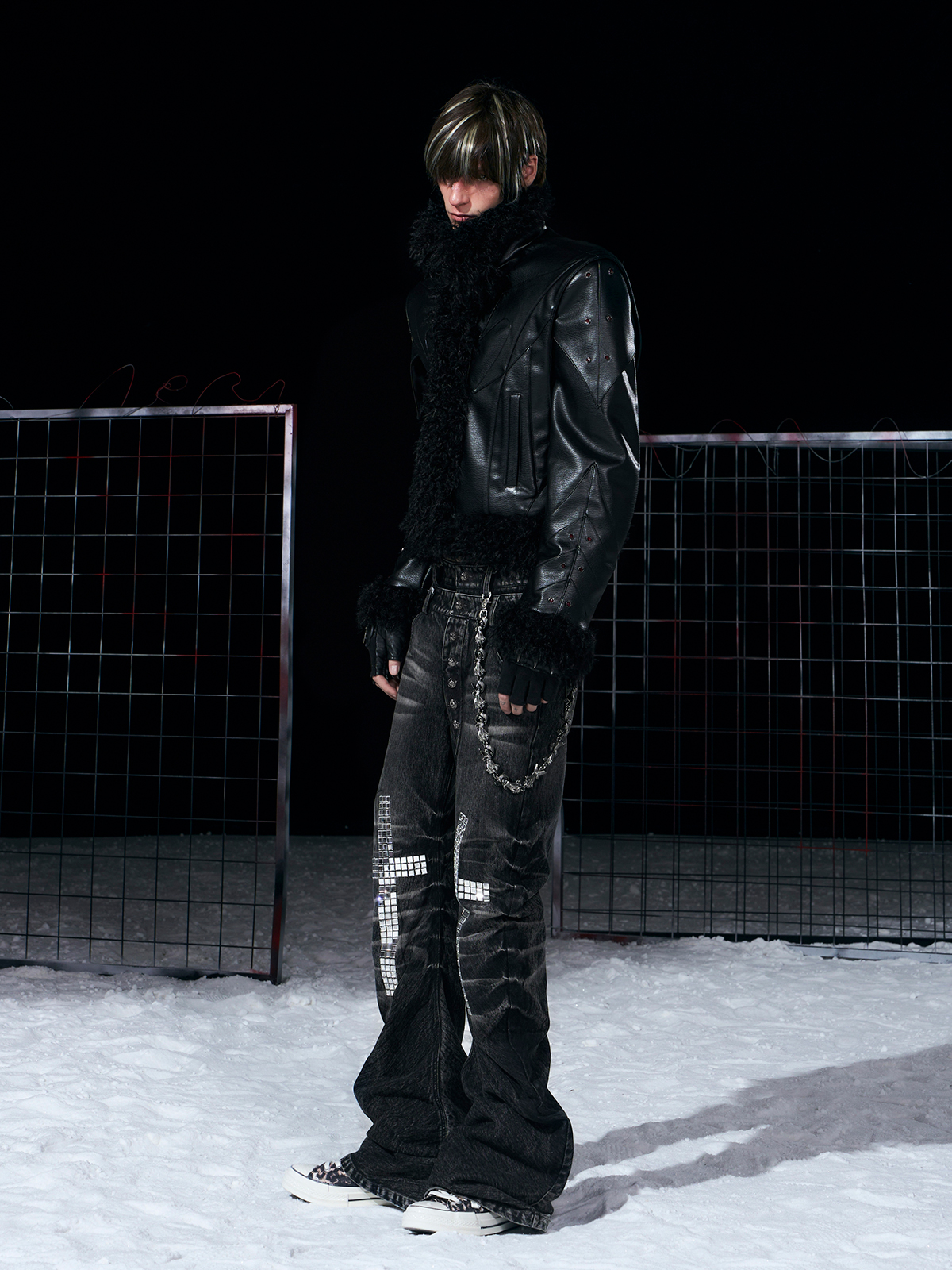 DECONSTRUCTED FUR-TRIM PADDED LEATHER JACKET