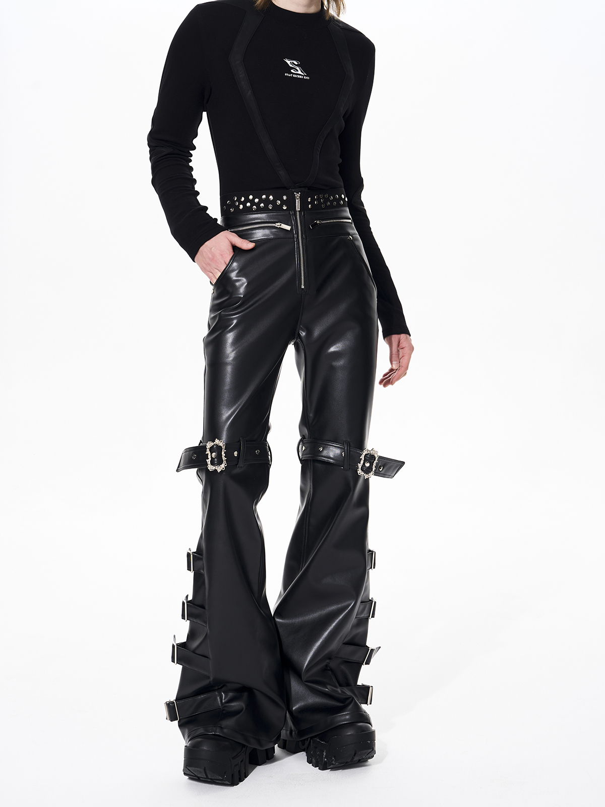 MULTI-BUCKLE STRAP RIVET FLARED PU LEATHER PANTS