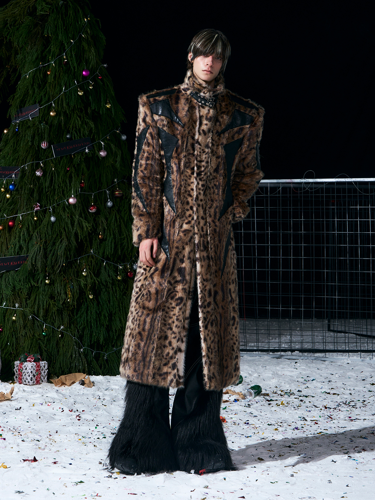 LEOPARD FAUX FUR LEATHER-PANEL MAXI COAT