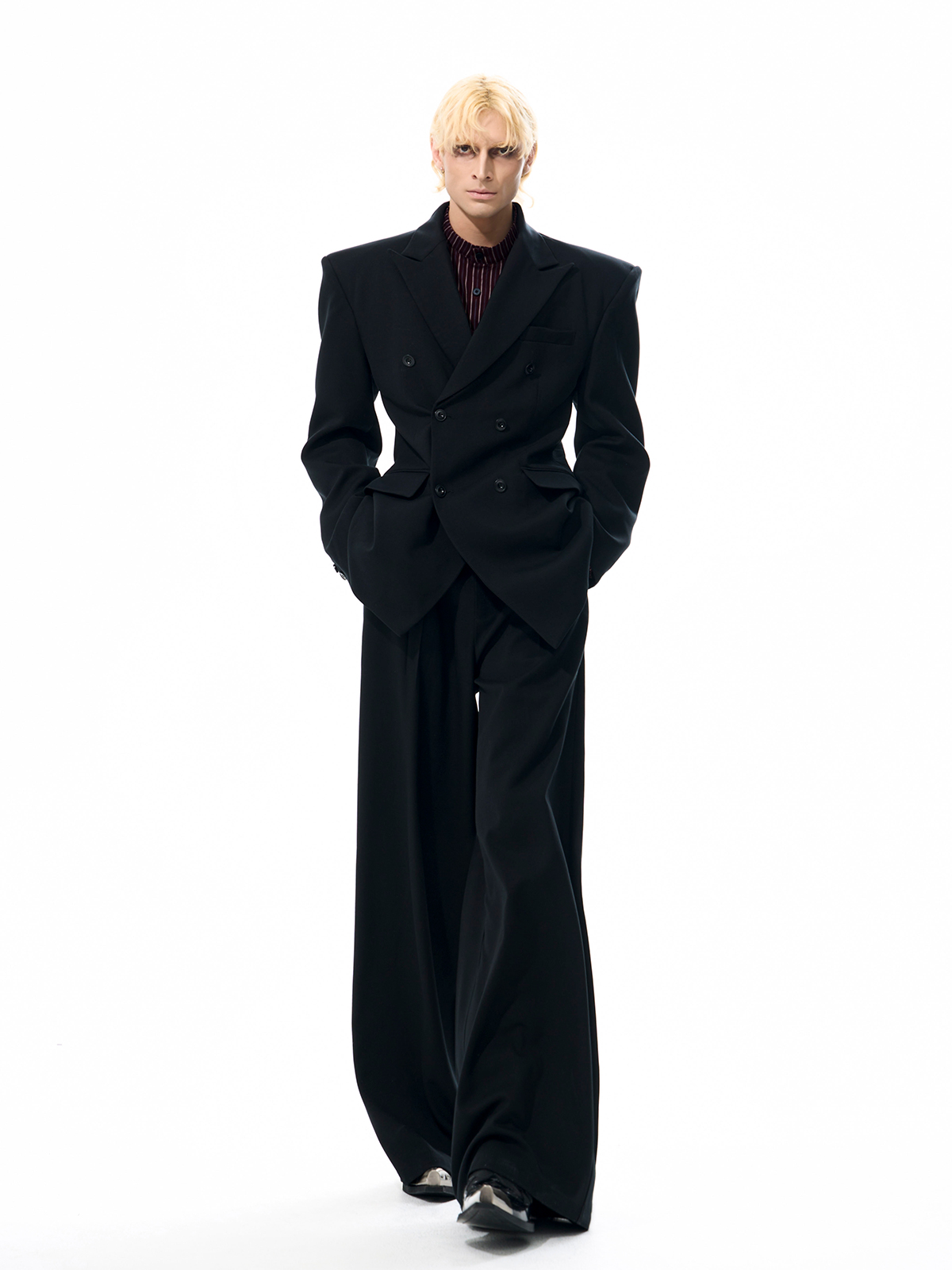 DETACHABLE LEATHER COLLAR SCULPTED SUIT SET-BLACK