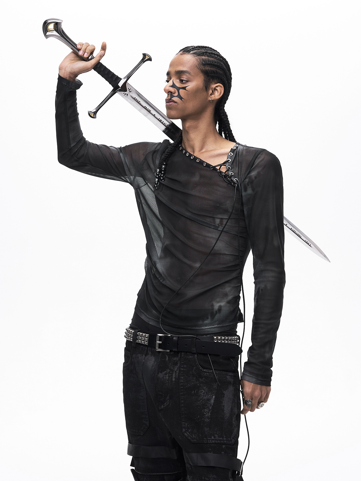 ASYMMETRICAL LACE-UP SHEER MESH TOP-BLACK