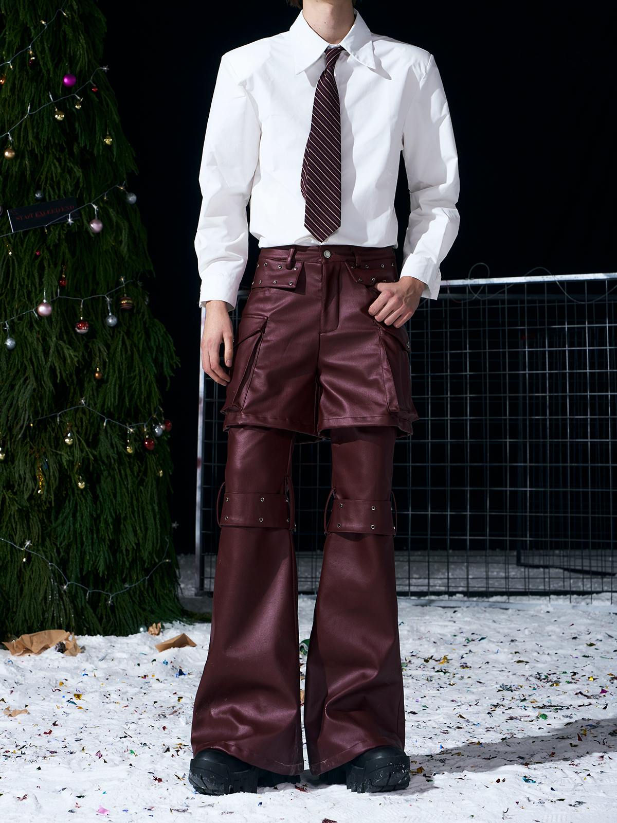 DECONSTRUCTED 2-IN-1 RIVET CARGO LEATHER PANTS-BURGUNDY