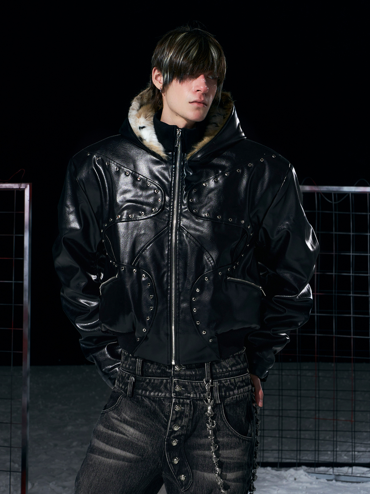 STUDDED FAUX LEATHER BOMBER WITH FUR-LINED HOOD