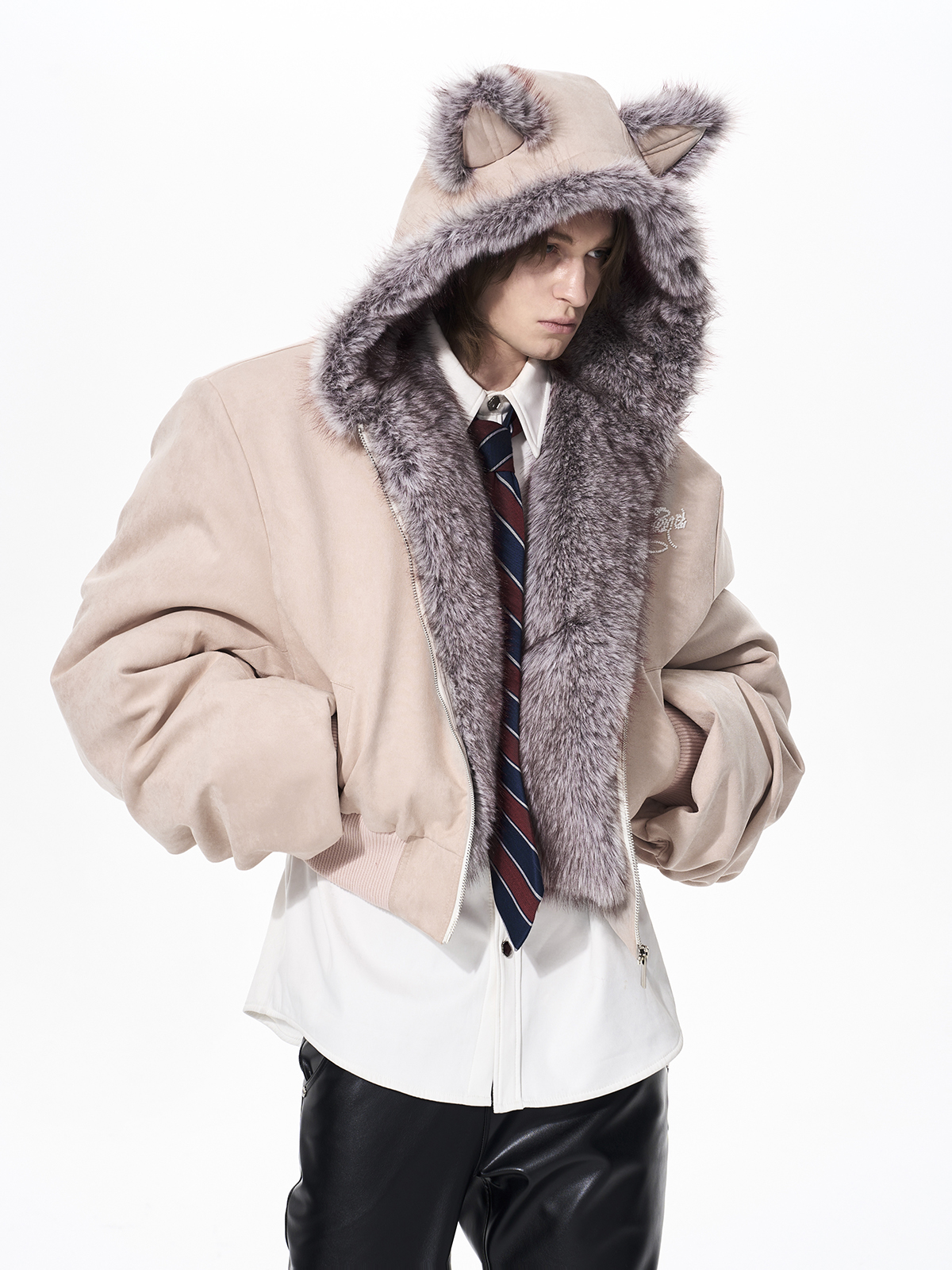 RABBIT EAR PADDED SUEDE JACKET-PINK