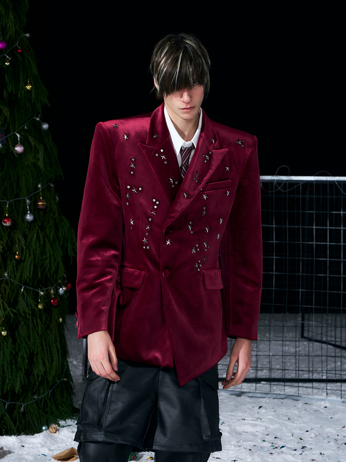 Galaxy Star-Studded Velvet Blazer-Burgundy