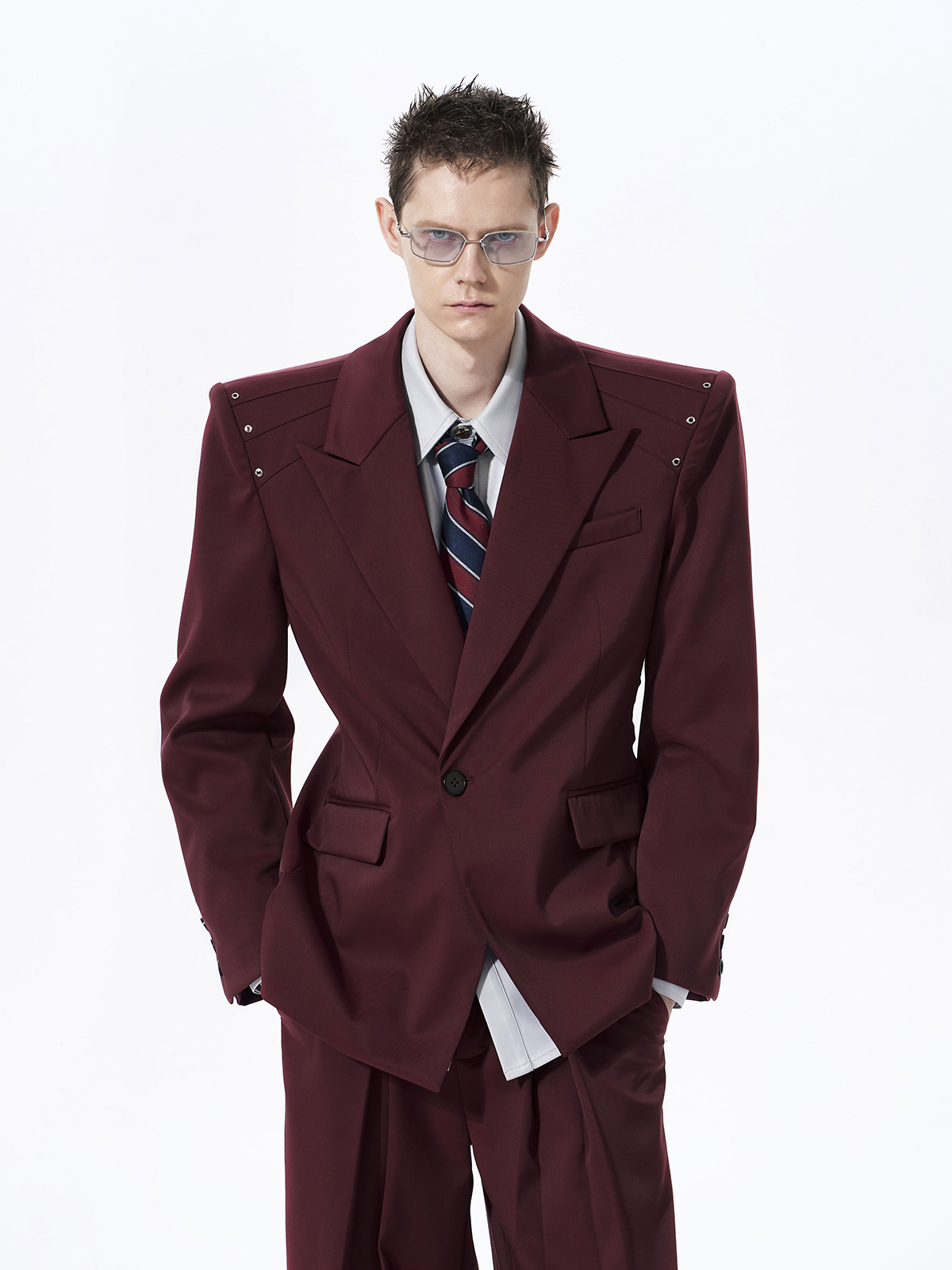STRUCTURED CINCHED WAIST STUDDED SUIT SET-BURGUNDY