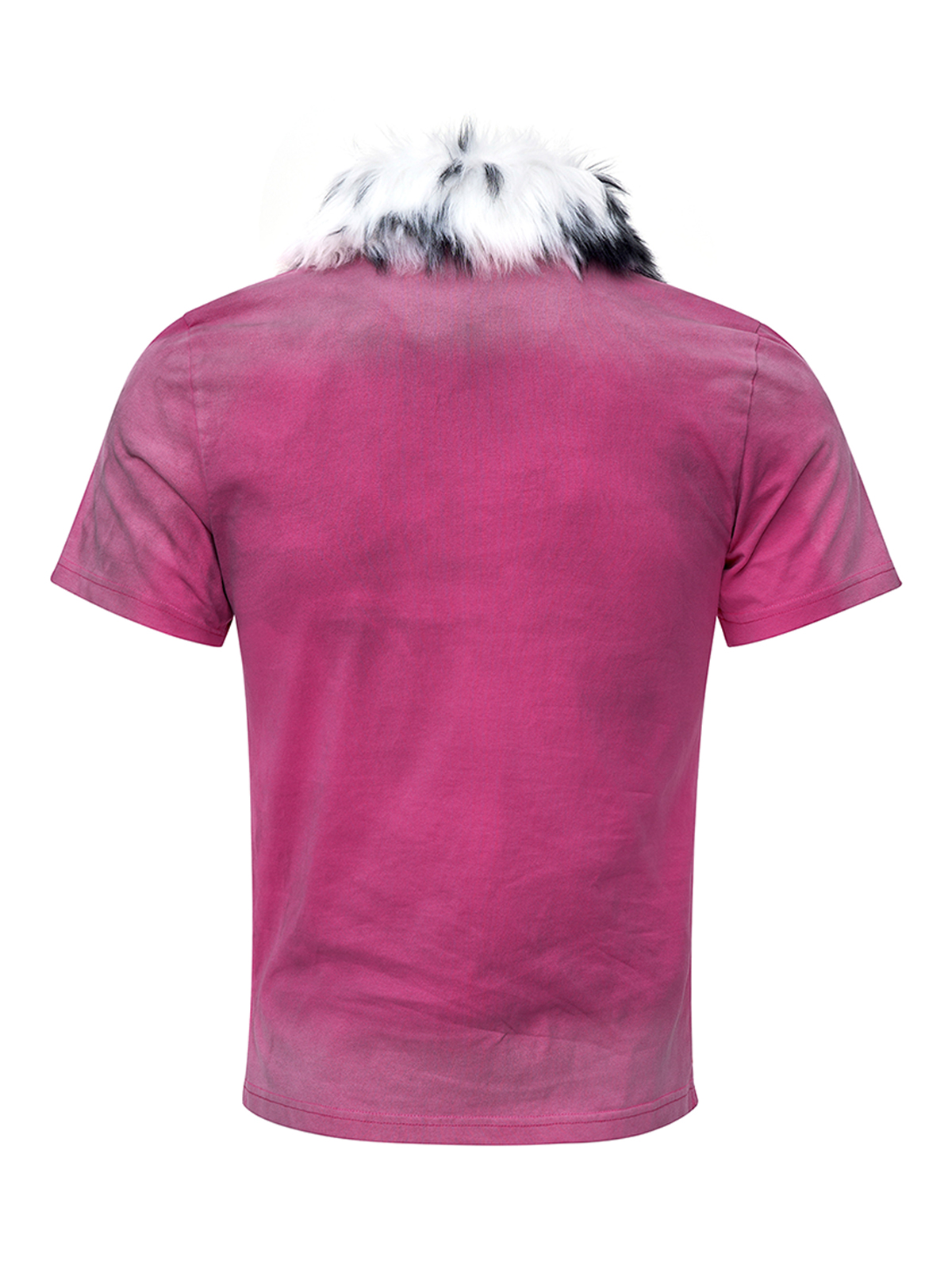 MUD WASH DISTRESSED FUR COLLAR T-SHIRT-ROSE RED