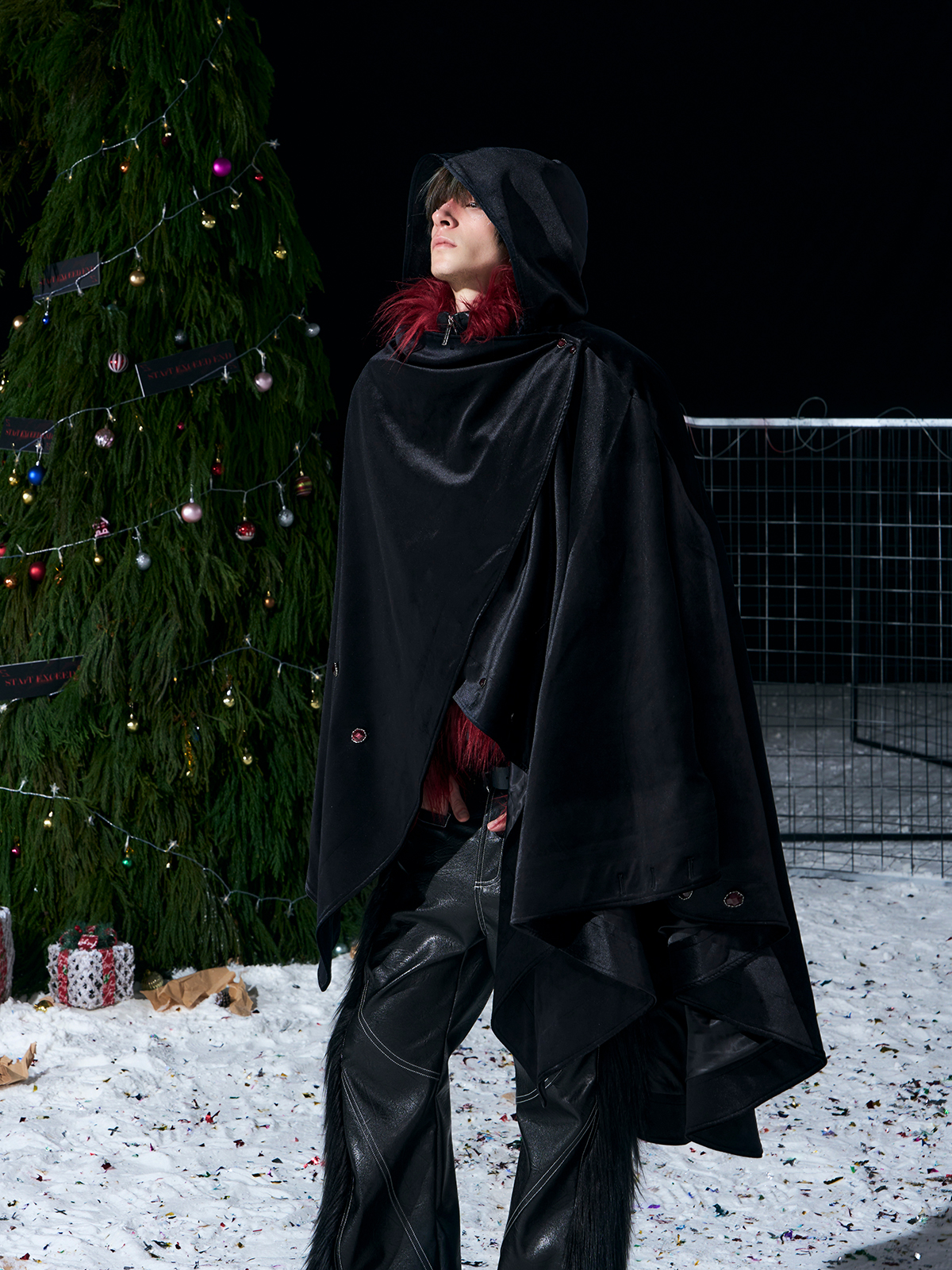 WARHORSE EMBROIDERED VELVET HOODED CLOAK-BLACK