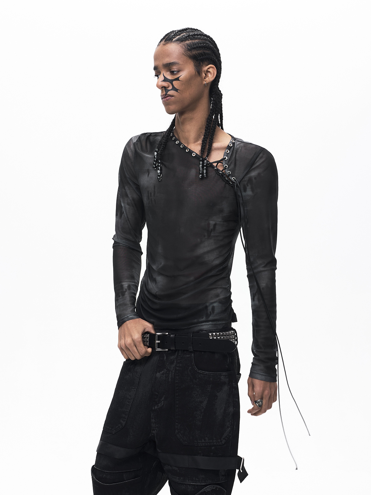 ASYMMETRICAL LACE-UP SHEER MESH TOP-BLACK