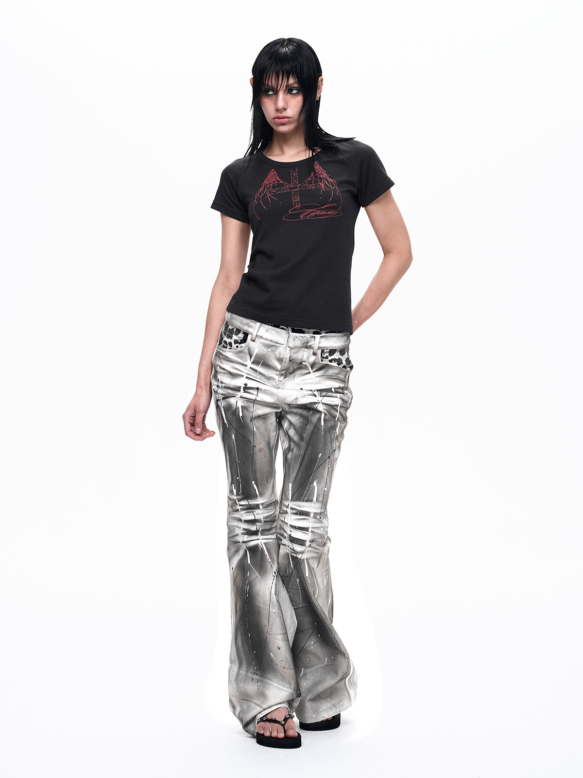 LEOPARD DOUBLE WAISTBAND FLARE JEANS-DIRTY WASH