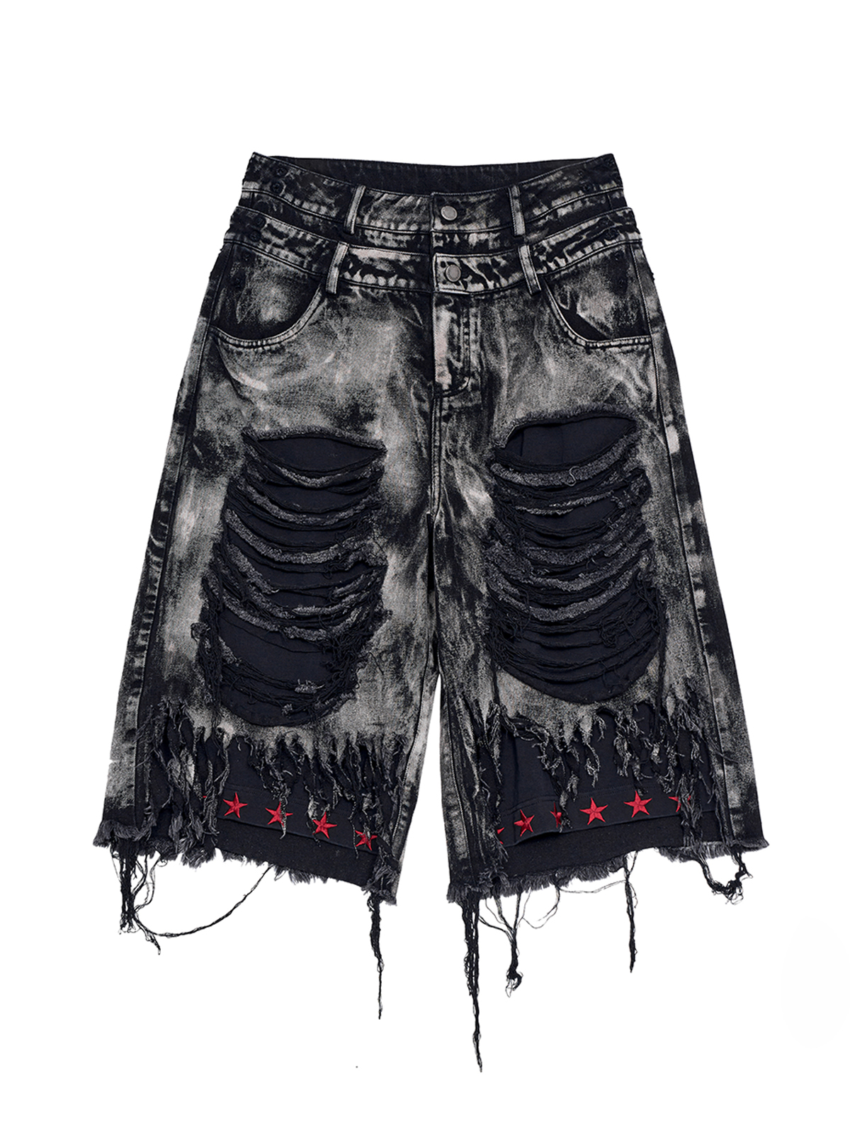 DOUBLE WAIST DISTRESSED FRINGE JORTS