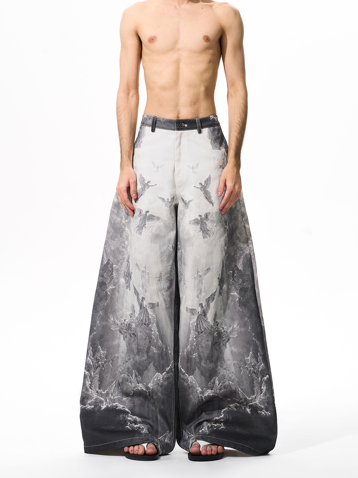 RENAISSANCE ANGEL PRINT LOW WAIST WIDE LEG JEANS