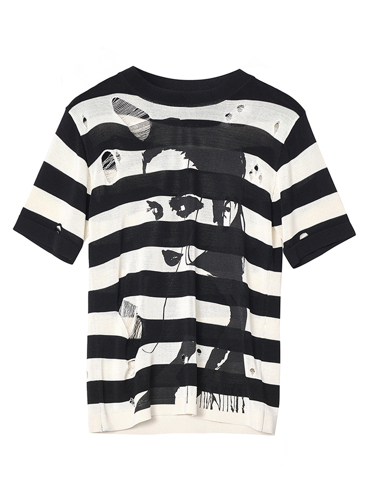 STRIPED DISTRESSED PORTRAIT KNIT TEE
