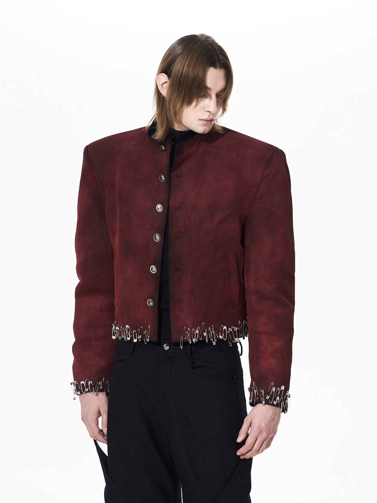 DISTRESSED SUEDE SAFETY PIN CROPPED JACKET-RED