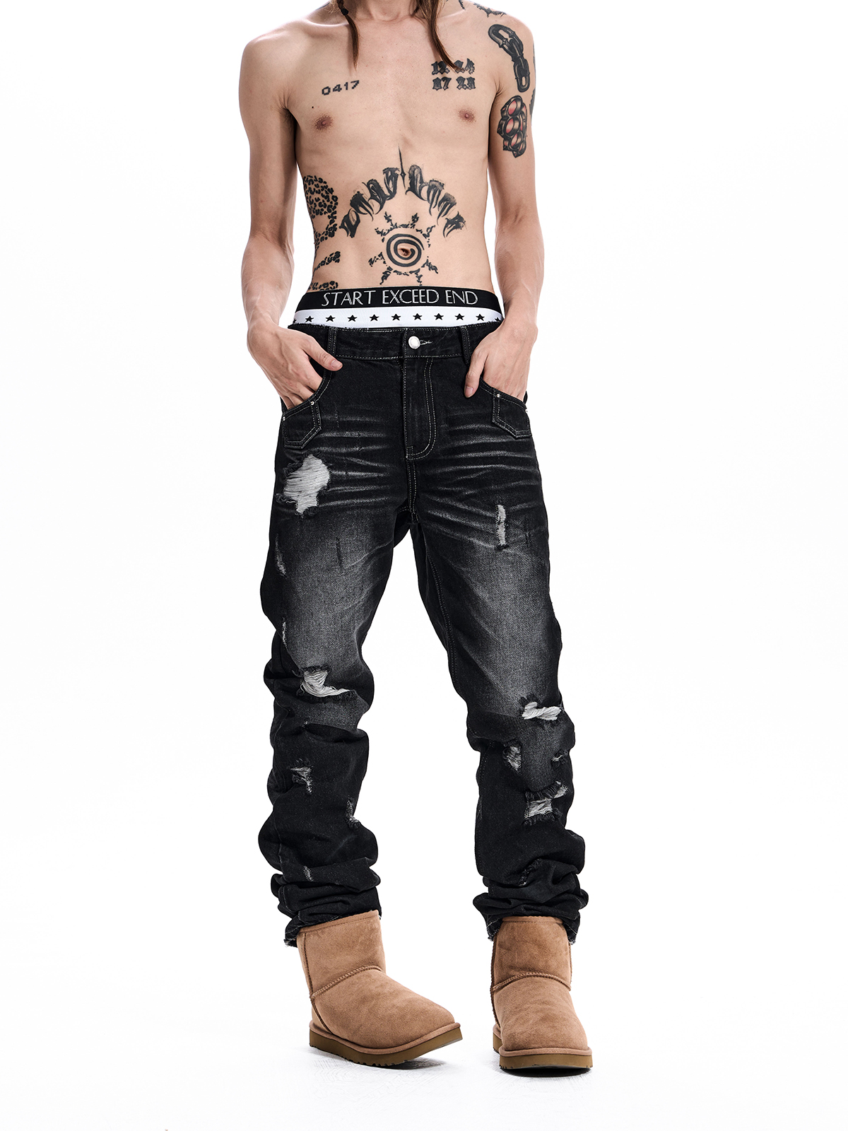 DISTRESSED STACKED STRAIGHT JEANS
