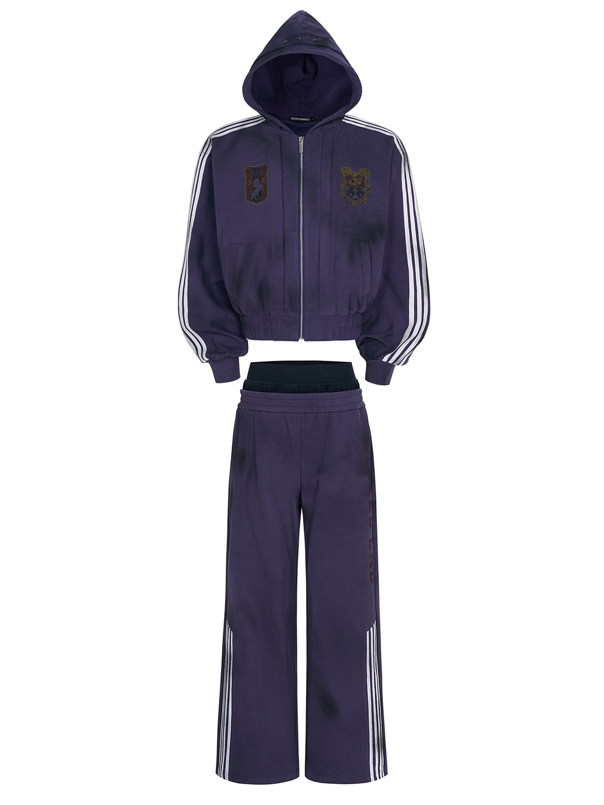 DISTRESSED MOTO BADGE 4-STRIPE TRACKSUIT SET-DEEP PURPLE