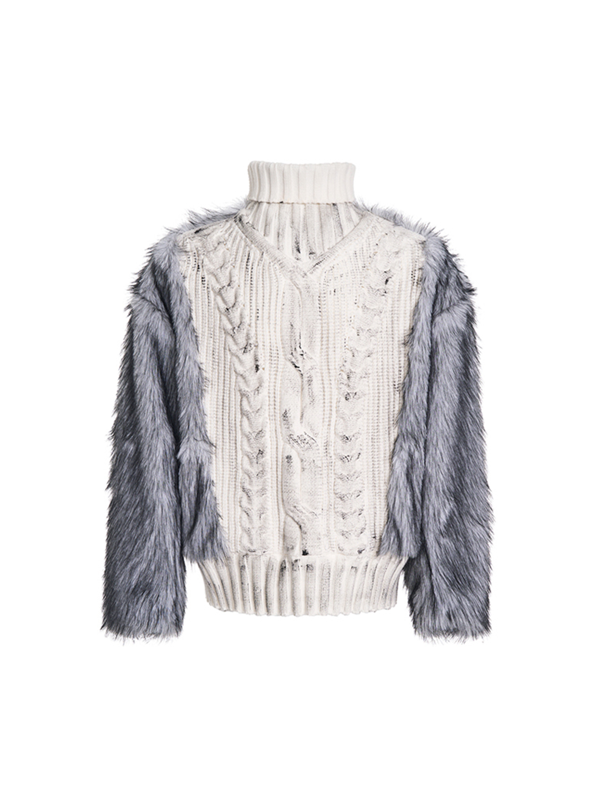 DIRTY WHITE KNIT & SILVER GREY FUR HYBRID PULLOVER-START EXCEED END